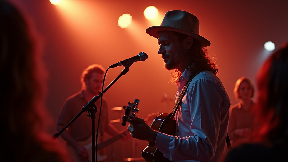 Eye-level view of an artist performing at a local venue