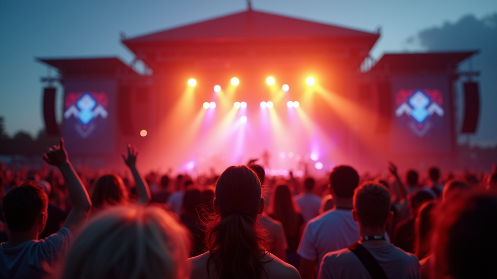 Wide angle view of a vibrant music festival stage