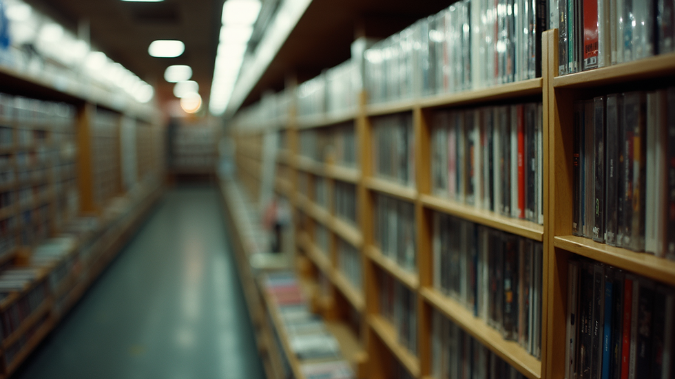 Eye-level view of a vintage CD rack in a music store