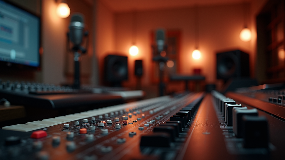 Eye-level view of a music studio with a microphone and mixing console