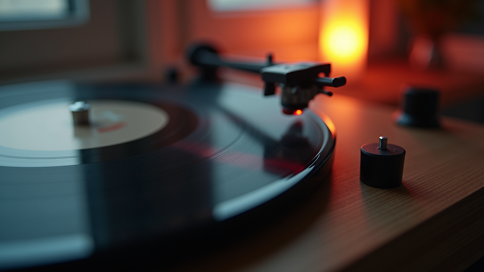 Close-up view of a vinyl record and digital music player side by side