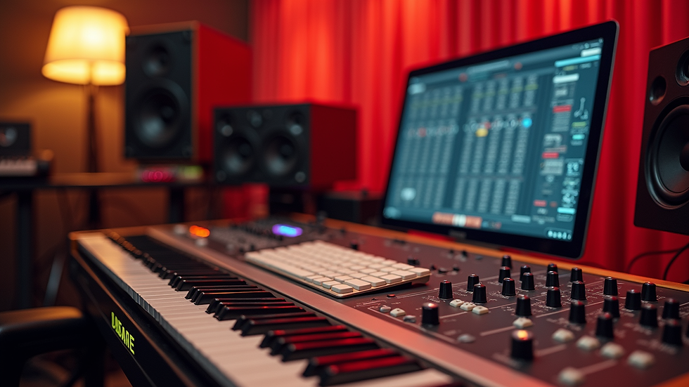 Eye-level view of a music studio with audio equipment and a mixing console