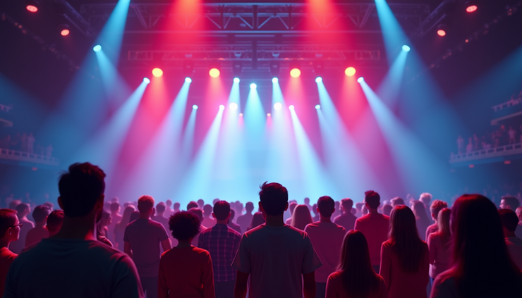Eye-level view of a virtual concert stage inside a Roblox game environment