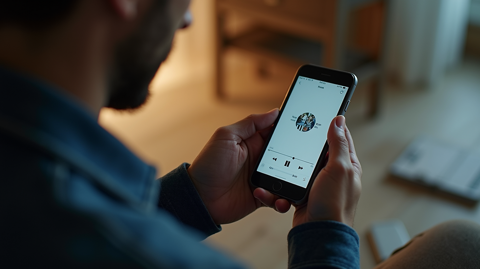High angle view of a person using a smartphone to stream music