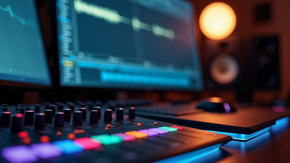 Eye-level view of a digital audio workstation with music tracks on screen