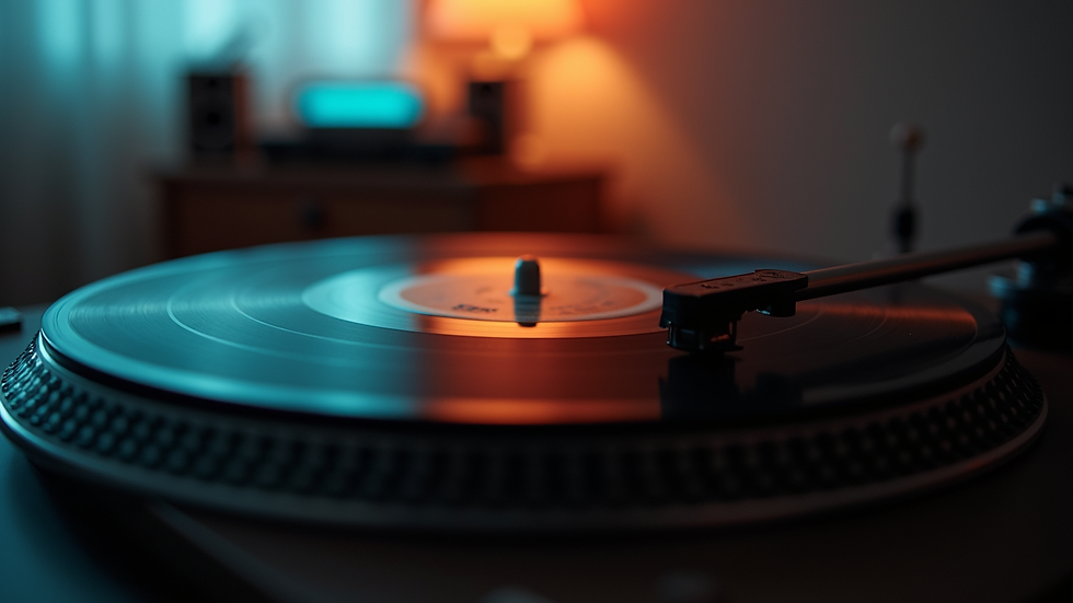 Close-up view of a vinyl record on a turntable in a dimly lit room